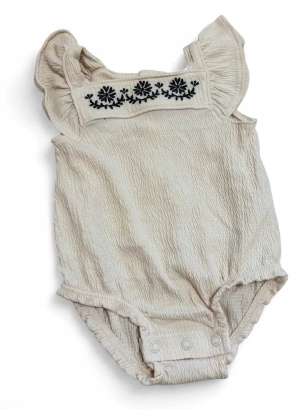Carter's Cream Textured Ruffle One-Piece with Black Floral Embroidery